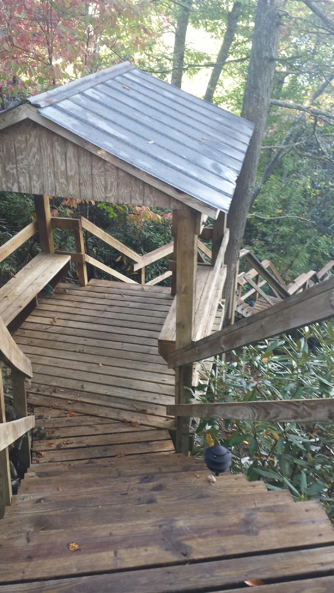 Metal roofed shelter over wooden steps on a wooded walkway — Skylight Repair & Installation work by our crew in Culleoka
